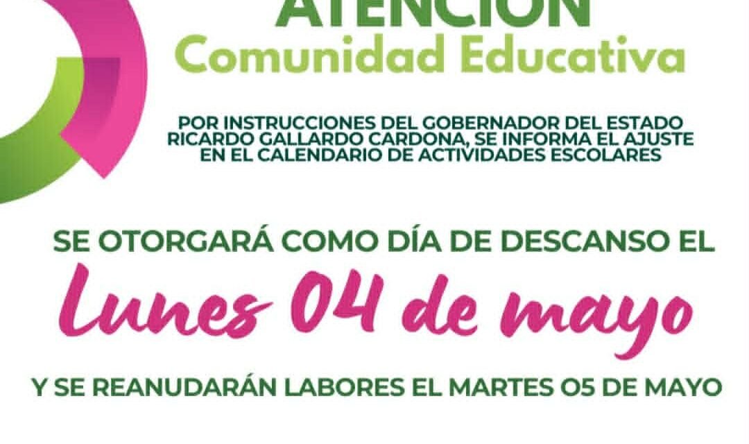 GOBIERNO ESTATAL ANUNCIA CAMBIO DE DÍA DE DESCANSO EN BENEFICIO DE LA COMUNIDAD EDUCATIVA