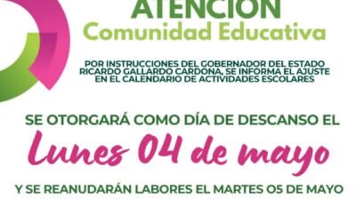 GOBIERNO ESTATAL ANUNCIA CAMBIO DE DÍA DE DESCANSO EN BENEFICIO DE LA COMUNIDAD EDUCATIVA