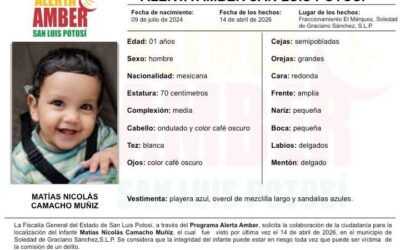 FISCALÍA INICIÓ UNA ALERTA AMBER PARA LOCALIZAR A UN INFANTE EN LA ZONA METROPOLITANA DE SLP