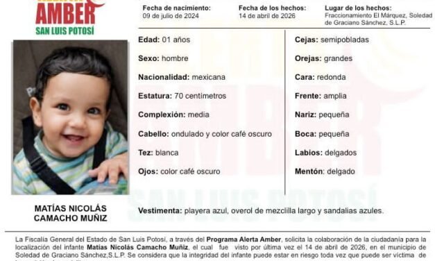 FISCALÍA INICIÓ UNA ALERTA AMBER PARA LOCALIZAR A UN INFANTE EN LA ZONA METROPOLITANA DE SLP