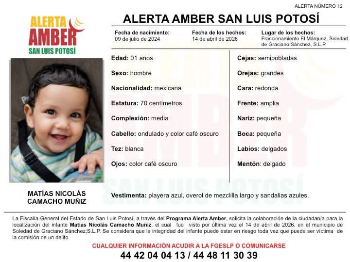 FISCALÍA INICIÓ UNA ALERTA AMBER PARA LOCALIZAR A UN INFANTE EN LA ZONA METROPOLITANA DE SLP